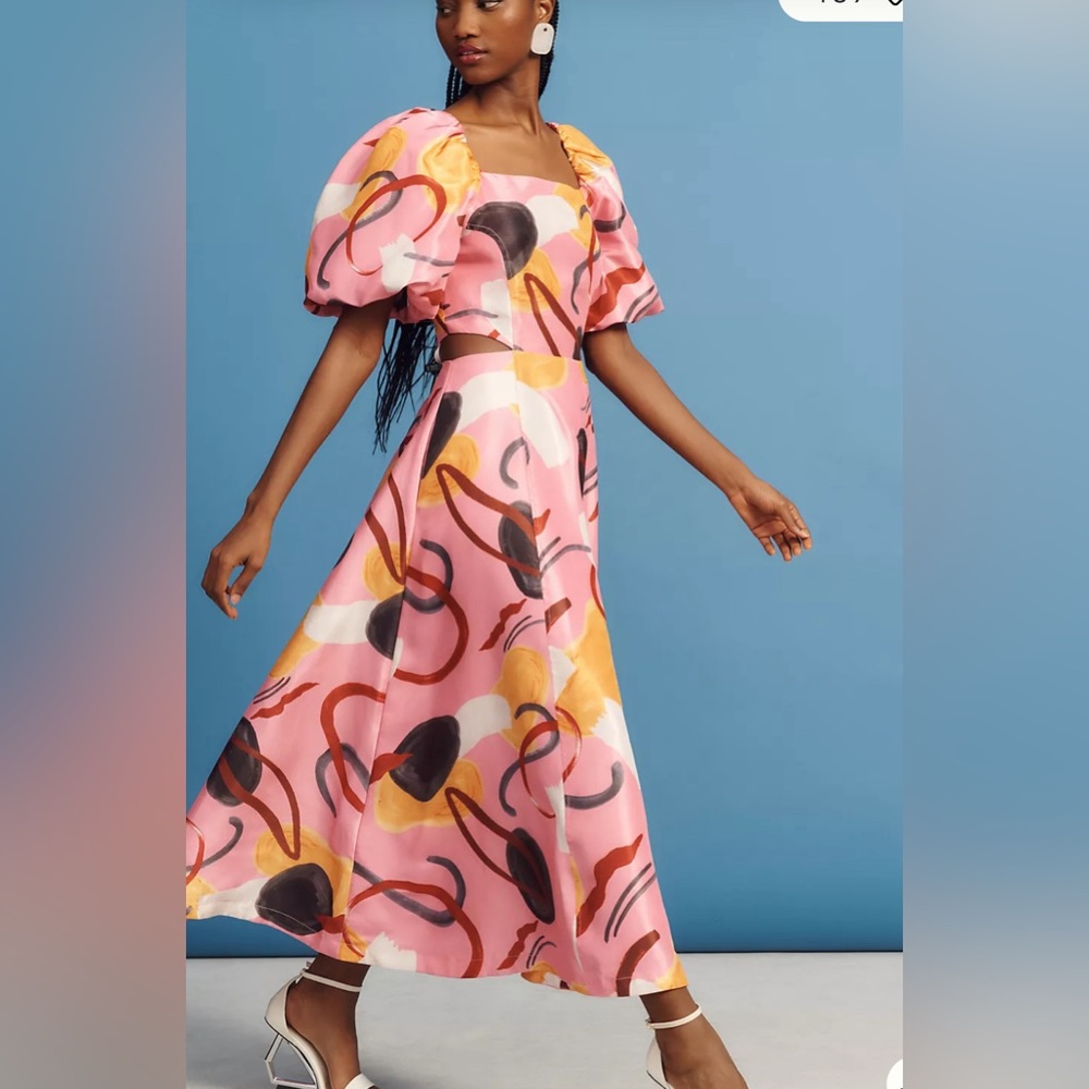 Aureta Studio Printed Puff-Sleeve Cutout Dress
